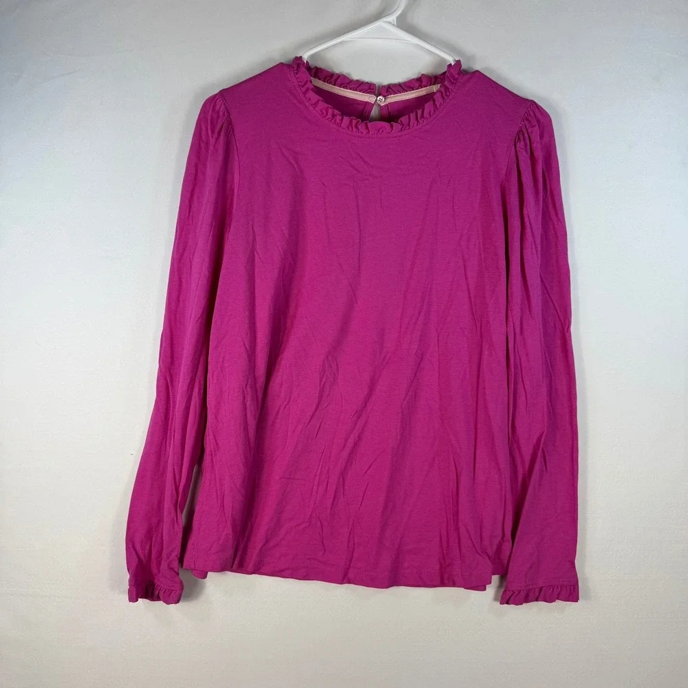 Boden Womens Magenta Pink Ruffle Neck Long Sleeve Jersey Top Size US 14 UK 18